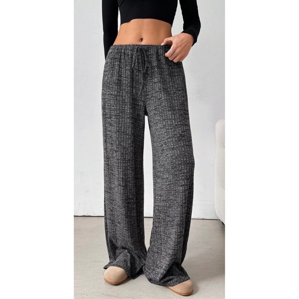 SO Wide Leg Pants Women S Gray High Rise Ribbed Knit Drawstring Side Slit Y2K